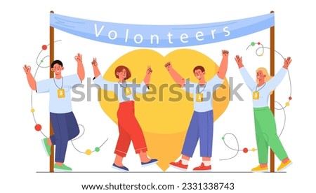 Happy volunteers team vector concept. Men and women stand in front of yellow heart. Charity, kindness and generosity. Care and support. Social services workers. Cartoon flat illustration