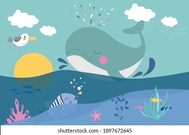 Happy Wahle and fish in the ocean. Sea world dwellers, cute underwater creatures, coral reef inhabitants in their natural habitat, undersea fauna of tropics. Flat cartoon vector illustration. 