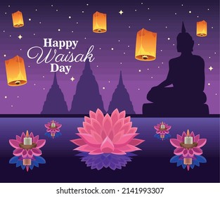 happy waisak day lettering poster scene