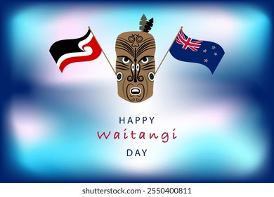 Happy Waitangi Day. Maoris mask and nation flags with text. New Zealand Waitangi Day on the 6th of February. 