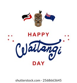 Happy Waitangi Day. Maoris mask and nation flags with text. New Zealand Waitangi Day on the 6th of February. 