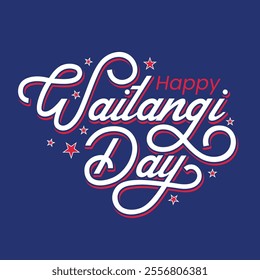 Happy Waitangi Day typography banner, poster, flyer, greeting card to celebrate on 6th February. Waitangi day logo with stars on blue background. Waitangi day template, sticker, label, tags.