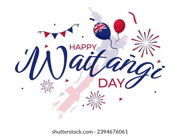 Feliz Día de Waitangi Ilustración vectorial el 6 de febrero con bandera y mapa de Nueva Zelanda en diseño de fondo de caricatura plana de feriado nacional
