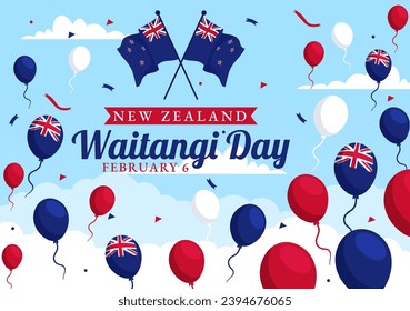 Happy Waitangi Day Vector Illustration on February 6 with New Zealand Flag and Map in National Holiday Flat Cartoon Background Design
