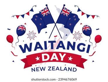 Happy Waitangi Day Vector Illustration on February 6 with New Zealand Flag and Map in National Holiday Flat Cartoon Background Design
