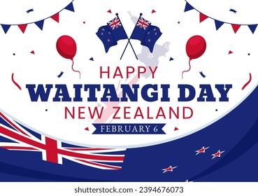 Happy Waitangi Day Vector Illustration on February 6 with New Zealand Flag and Map in National Holiday Flat Cartoon Background Design
