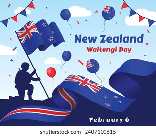 Happy Waitangi Day Vector Illustration on February 6 with New Zealand Flag and Map in National Holiday Flat Cartoon Background Design

