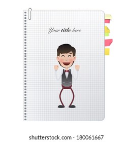 Happy waiter printed in notebook. Vector design