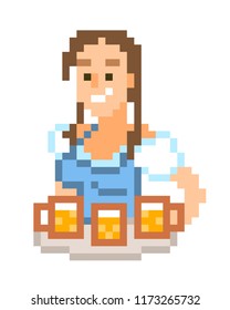 Happy waitress with braids in a traditional german costume serving 3 mugs of beer, pixel art isolated on white background. 8 bit Octoberfest woman. Folk festival character. 8 bit video game graphics.