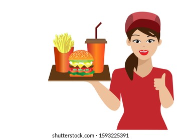 Happy waitress girl holding tray of hamburger, french fries and cola drink serving to customer at table. Isolated on white background. Vector Illustration. Idea for fast food /service in restaurant.