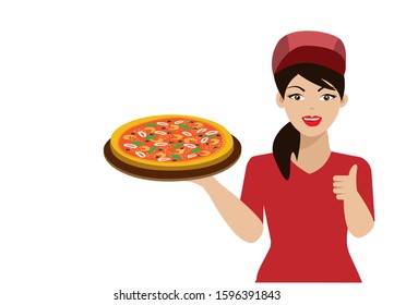 Happy waitress girl holding tray of seafood pizza serving to customer. Isolated on white background. Vector Illustration. Idea for fast food , pizza service in restaurant.