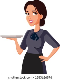 Happy Waitress Holding a Tray Vector Illustration. Female restaurant worker greeting customers
