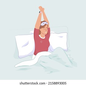 Happy waking up and health concept. Young smiling woman with eyes closed and sleeping mask stretching out in bed feeling fresh and relaxed vector illustration. Female character start of working day.
