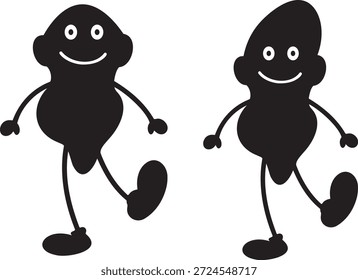 Fröhlich wandelnde Cartoon-Figuren mit einem einfachen und freundlichen Silhouettendesign