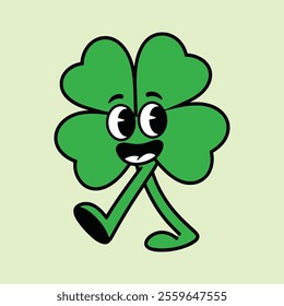 Happy Walking Four-Leaf Clover Cartoon Character