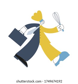 Happy walking man divided into two parts, was an office worker or businessman, now a cook. Middle life career change for unemployed or fired. New profession concept. Vector flat illustration.