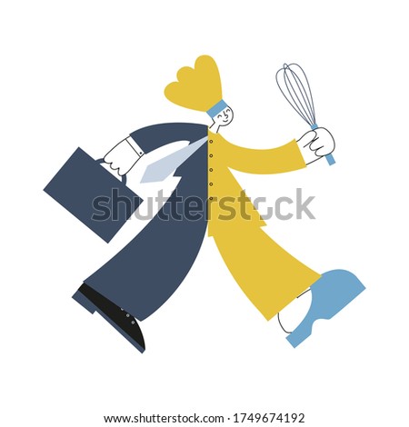 Happy walking man divided into two parts, was an office worker or businessman, now a cook. Middle life career change for unemployed or fired. New profession concept. Vector flat illustration.