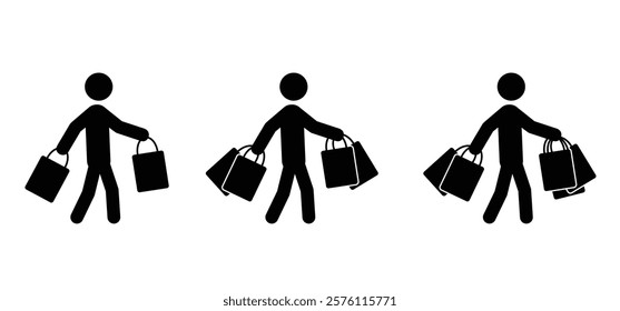 Happy walking people are shopping with handbag. supermarket, shopping bag. Papers, shopping bags or fabric bags. Cartoon paper bags. Consumerism, buy or purchases. Shopping time, big sale. 