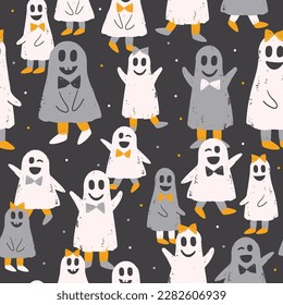 Happy walking playful ghost with bow tie and shoes - seamless repeating pattern illustration