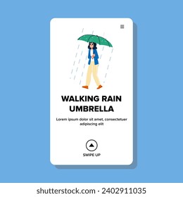 happy walking rain umbrella vector. water nature, city weather, street walk happy walking rain umbrella web flat cartoon illustration