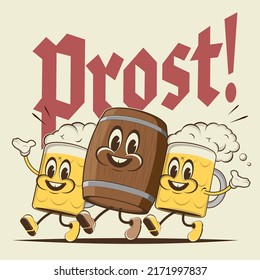 happy walking retro cartoon beer with German word Prost meaning cheers