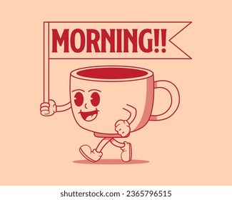 Happy walking retro cartoon cup of coffee. Mascot design template. Vector illustration