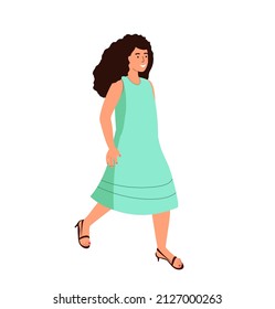 Happy walking stylish woman smiling in green dress. Glad satisfied person with positive feelings, good emotions. Delighted pleased female . Flat vector illustration isolated on white background