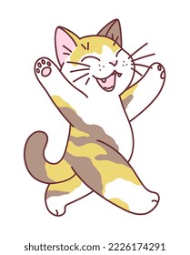 Happy walking tricolor cat vector illustration. Doodle cartoon cats series.