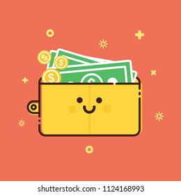 Happy wallet icon of flat line design, vector illustration