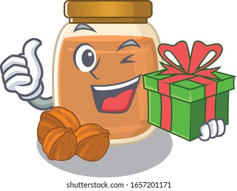 Happy walnut butter character having a gift box