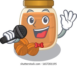 Happy walnut butter singing on a microphone