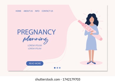 Happy waman hold in hand positive pregnancy test. Pregnancy planning concept. 