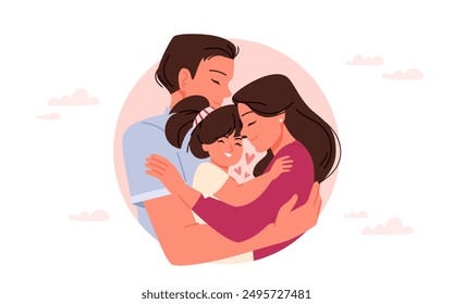 Happy warm hugs of father, mother and child. Round cute avatar with portrait of husband hugging wife and daughter with love and hearts, sweet family embrace together cartoon vector illustration