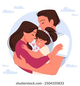 Happy warm hugs of father, mother and child. Round cute avatar with portrait of husband hugging wife and daughter with love and hearts, sweet family embrace together cartoon