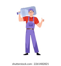 Happy water delivery courier holding gallon of water, flat vector illustration isolated on white background. Cheerful character delivers purified or clean water.