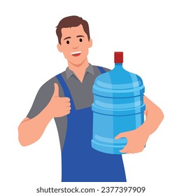 Happy water delivery courier holding gallon of water with thumb up. Flat vector illustration isolated on white background