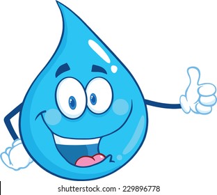 Happy Water Drop Character Giving A Thumb Up. Vector Illustration Isolated On White Background