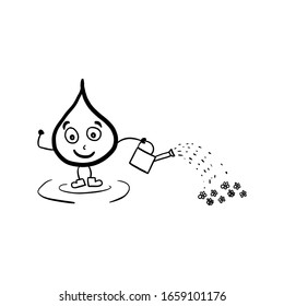 Happy water drop character is pouring flowers. Outline, coloring book for children.