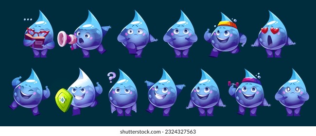 Happy water drop face mascot cartoon vector character. Cute funny raindrop icon emotion expression for animation. Reading, exercise, loudspeaker, excited and love heart comic droplet collection