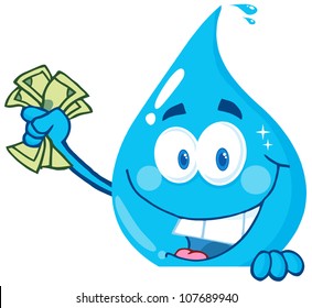 Happy Water Drop Holding Money Over A Sign .Vector Illustration