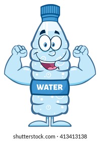 Happy Water Plastic Bottle Cartoon Mascot Character Flexing His Muscles. Vector Illustration Isolated On White