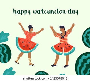 Happy watermelon day concept cartoon characters of man and woman dancing in creative red costumes look like watermelon slice. Vector illustration poster for august holiday.