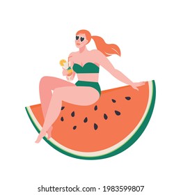 Happy watermelon day concept cartoon characters of woman sitting in in a bikini look like watermelon slice. Vector illustration poster for august holiday.
