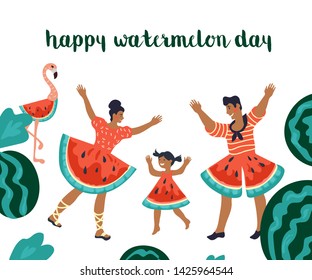 Happy watermelon day poster or banner with cartoon characters of dancing family and flamingo flat vector illustration isolated on white background. Summer watermelon party invitation card. 
