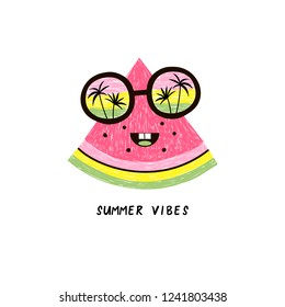 happy watermelon fruit character in sunglasses with seaside horizon reflexion, pencil drawing style illustration for kid poster and summer t-shirt design, isolated on white