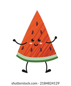 Happy watermelon icon. Sticker for social networks. Smiling half fruit, natural and organic food. Emotions, feelings and expression, graphic element for website. Cartoon flat vector illustration