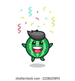 happy watermelon mascot jumping for congratulation with colour confetti , cute style design for t shirt, sticker, logo element