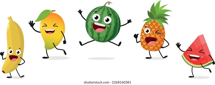 Happy watermelon, pineapple, mango, banana fruits cartoon characters