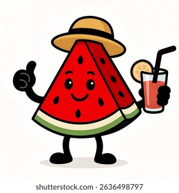 Happy watermelon slice cartoon character with a straw hat and fruit drink. A cheerful summer-themed fruit illustration for holiday designs.