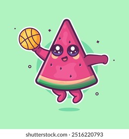 happy watermelon slice fruit character mascot playing basketball isolated cartoon